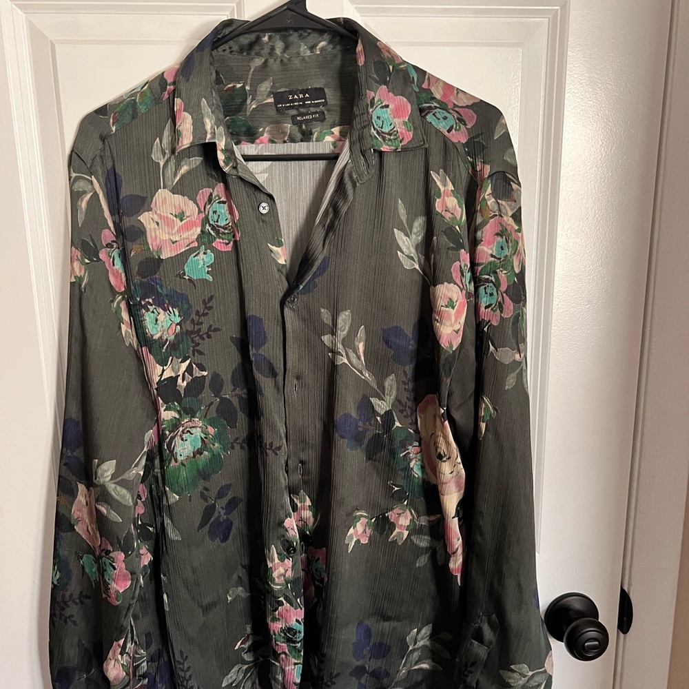 Green semi-sheer floral print shirt